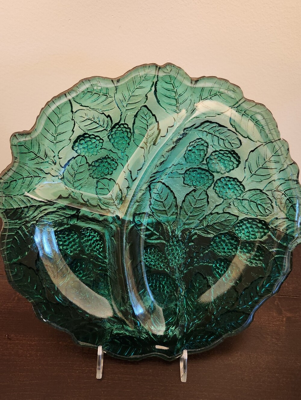 Indiana Glass Loganberry Pattern Divided Plate Teal Embossed Berry & Leaf Design